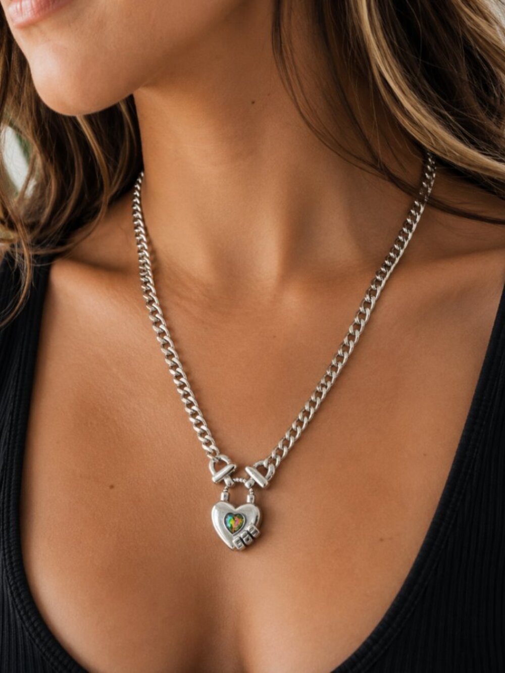 925 Sterling Silver Curb Chain Link Necklace Heart Necklace Heart Lock Chain